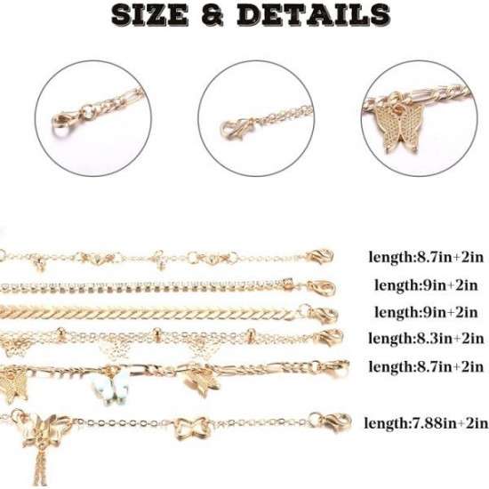 6Pcs Butterfly Chain Anklets For Women CZ Anklet Bracelets Set Adjustable Fashion Evil Eye Anklets 6Pcs Butterfly Chain Anklets For Women CZ Anklet Bracelets Set Adjustable Fashion Evil Eye Anklets